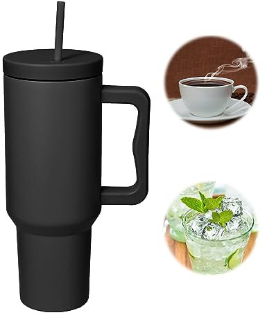1200 ml Trinkbecher mit Strohhalm, Henkel und Deckel, 304 Edelstahl Vakuum Isolierbecher, Tragbarer Thermobecher Reisebecher Kaffeebecher Hält 12 Stunden Heiß und 24 Stunden Lang Eis (Schwarz)