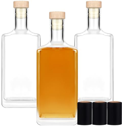 Liengoron Paquete de 3 botellas cuadradas de vidrio para vino, botellas de vidrio transparente de 500 ml con corcho de 16 onzas, botellas de vidrio cuadradas de base pesada para licor, vodka, brandy,
