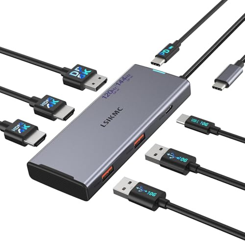 Docking Station 3 Monitors, 7 in 1 USB-C Docking Station with Dual HDMI 4K@60Hz & Single DisplayPort (8K@30Hz/ 4K@144Hz), 100W PD, 10Gbps 3X USB, USB C Hub Compatible with Dell/HP/Lenovo and More