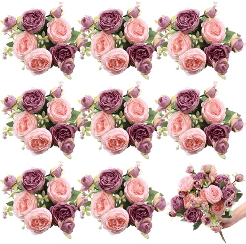 Yuxung 8 Bündel künstliche Pfingstrosen Seidenblumen Boho Faux Blumen Kunstblumenarrangements Künstlicher Mittelstück Frühlingsstrauß Blumen Künstliche Hochzeitsdekoration für Vase (Rosa, Dunkelrosa)