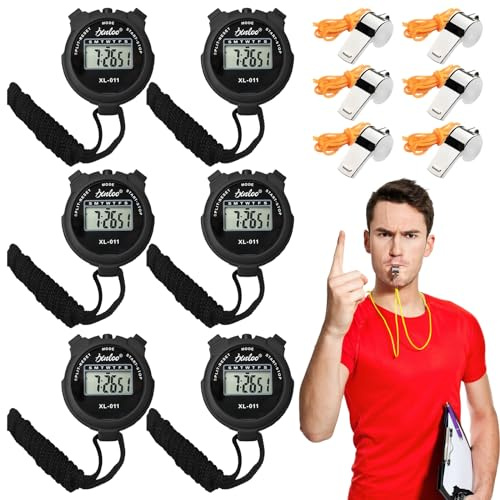 Lot de 6 chronomètres numériques, minuterie à grand écran, chronographe de poche pour football, basket-ball, course, natation, fitness, avec sifflet en acier inoxydable