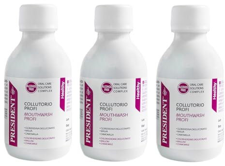 President KIT 3 COLLUTORIO PROFI con Clorexidina 0.20%. Contrasta la formazione di Placca, Carie e Gengiviti. Ideale dopo interventi chirurgici. Azione antibatterica. Senza Alcool. 3X200ml