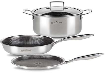 Rosmarino HexaPro 2.0 Serie: Padelle e Pentole in Acciaio Inossidabile Antiaderente, Ergonomiche, Resistenti al Forno fino a 220°C, Ideali per Induzione