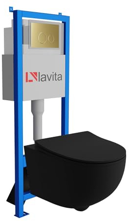 Lavita LAV 101 Vorwandelement für WC 40cm + Wand Hänge Tiefspül WC BRAVA Schwarz Spülrandlos + Bedienplatte LAV 200.4.5 Gold | Komplettset | Unterputz Spülkasten | Toilette Komplett Sett