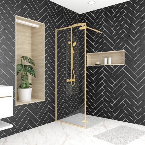 Marwell Walk In Dusche Golden Frame 200x80cm - Duschwand mit 6 mm Einscheibensicherheitsglas - mit ausziehbarem Haltearm - hochwertige Aluminiumrahmen in gebürsteter Optik