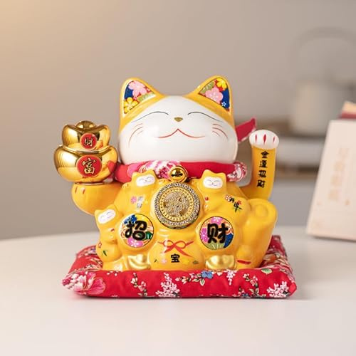 Mkuha Maneki Neko de Cerámico, Porcelana Gato de la Suerte Afortunado Gato Agitando el Brazo bendición con Rueda Giratoria Manual, Estatuilla para Decoración de Oficina Hogar y Tienda 20CM,Amarillo,2