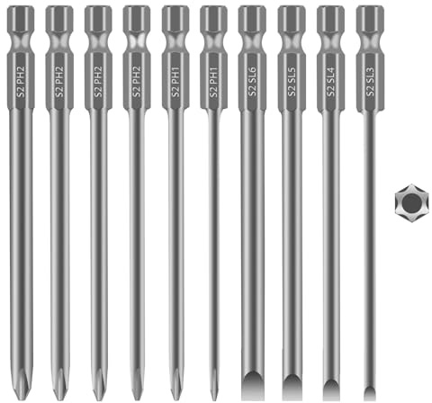 Set di 10 punte per cacciavite Phillips a taglio, 1/4 di pollice con gambo esagonale S2 in acciaio magnetico punte per cacciavite da 3 '' punte per trapano lunghe punte per cacciavite