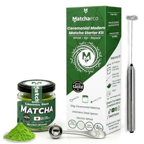 Matchaeco Modern Matcha Ceremony Starter Kit – 50g Japanese Ceremonial Grade Matcha Set with Electric Milk Frother, Glass Jar & Scoop | Smooth Daily Matcha | Gift-Ready Vegan Set