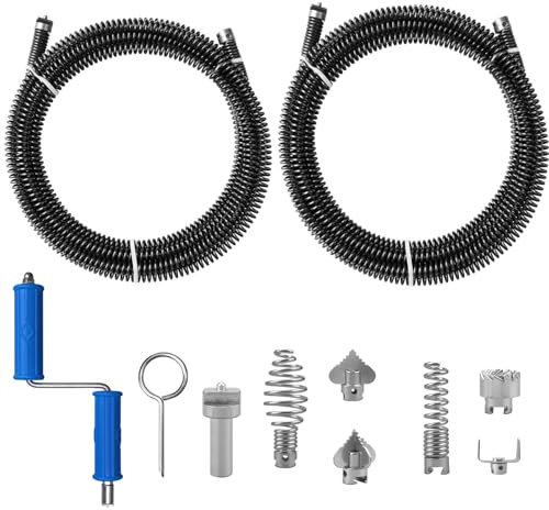 Sonda Sturatubi 2 * 5 metri di spirale, diametro 12 mm, con 6 pezzi di testa di taglio per la pulizia dei tubi e 1 adattatore manuale e 1 adattatore elettrico, Sonda Stura Lavandini e Scarichi