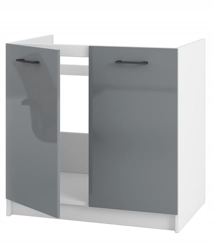Küchenunterschrank 80 cm breit – Praktischer Schrank mit Doppeltüren - Möbelplatte 16 mm - einfacher Montage - vielseitig kombinierbar für maßgeschneiderte Küchenlösungen (graues Acryl glänzend)