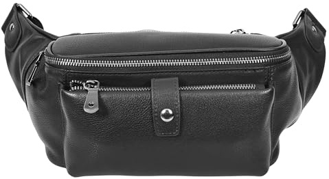 Sac banane de voyage en cuir véritable Noir, Noir , L: 40 x H: 13 x W: 10 cm., Sac banane