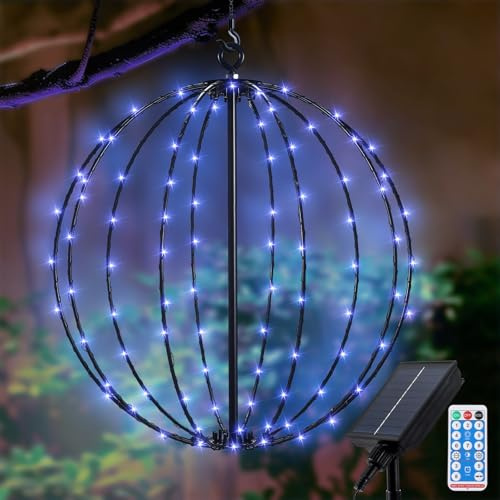 Solar Hängekugelleuchten Aussen Weihnachtsdeko Lichterkette, Wasserdichte Metall Leuchtkugel 30cm 120LEDs in 8 Modi mit Remote-Steuerung für Garten Terrasse Innen - Blau