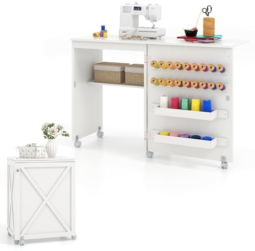 RELAX4LIFE Tavolo da Cucito Pieghevole, Armadietto per Cucito con 5 Ruote, Mensola, Ganci, Contenitori, Porta a Stalla, Mobiletto per Macchina da Cucire Salvaspazio per Soggiorno Casa (BIANCO)