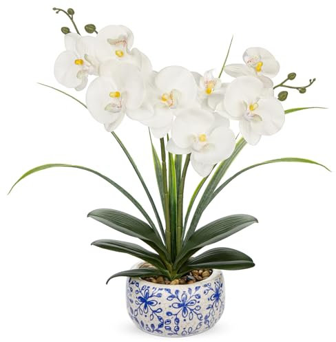 Hollyone Artificial Orchid in Blue and White Porcelain, 45CM Fake Orchid Plant for Centerpiece, White Artificial Flowers with Ceramic Pot for Home Decor, Living Room, Shelf, Bathroom Decorations