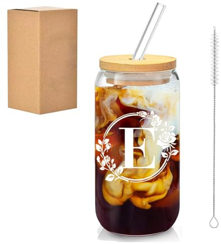 Larfraecy 16Oz Personalized Glass Cup with Lids,Straws and Brush,Initial Glass Iced Coffee Cup Personalised Drinks Cups for Coffee,Juice,Beer,Birthday Gifts for Women,Friends (E)