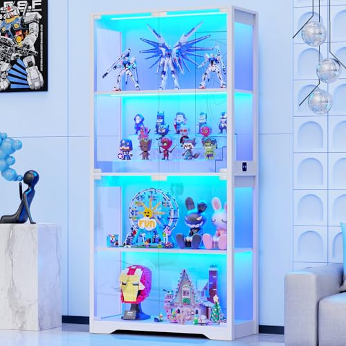 BROTTAR Display Cabinets with Glass Doors & 3 Color Lights, 4 Tier Curio & Bookcase Storage Cabinet for Living Room, Glass Display Cabinet for Collectibles, Trophy, Books, White