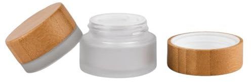 2Pcs 5G/5ML Empty Refillable Frosted Glass Cream Jars Bottle Vials with Wood Lid Lotion Jars Cosmetic Sample Comtainers Pot for Makeup Lotion Lip Balm Eye Cream