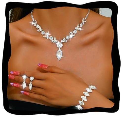 Fashband Silver Bridal Necklace Tassel Earrings Set Bride Wedding Jewelry Sets Rhinestone Prom Necklaces for Women (S-3)