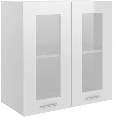 White High Gloss Wall Mounted Kitchen Cabinet with Glass Doors and 2 Shelves Bathroom Storage Cupboard and Home Organizer for Small Spaces 60x31x60 cm Modern Engineered Wood Furniture