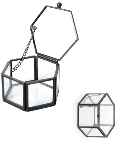 Bellabon Vintage smyckeskrin av glas, geometrisk ringlåda, sexkantig, 8,5 x 6,8 x 4,77 cm, svart, geometriskt smyckeskrin av glaslåda för ringar örhängen förvaring blomma