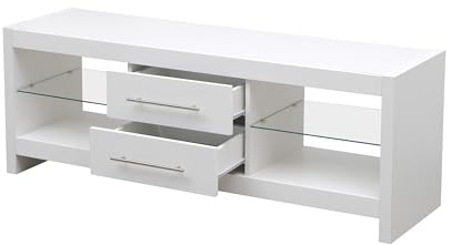 MMT White TV Stand 55 Inch Cabinet LED Lights, 2 Glass Shelves 2 Drawers, White Gloss TV Unit for Living Room, for Up to 65 TV, Modern Living Room Furniture