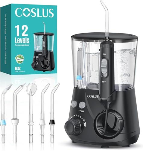 COSLUS Professionelle Elektrische Munddusche Zähne, 2 Modi, 12 Druckstufen | Kieferorthopädie, Zahnspangen, Empfindliches Zahnfleisch – Für Den Heimgebrauch, Für Mehrfamilien, 600Ml-Wassertank, Schwarz