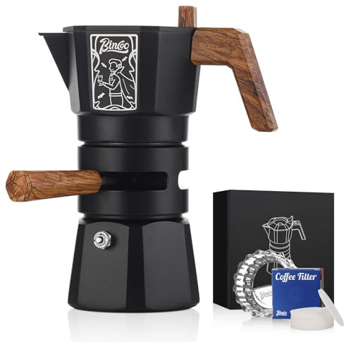 Bincoo 120ML Stovetop Espresso Maker Double Valve Moka Pot with Thermostat Extractor Prevent over-extraction,Italian Espresso Moka Pot with Powder Dispenser and Filter Paper for Home (Black 120ML)