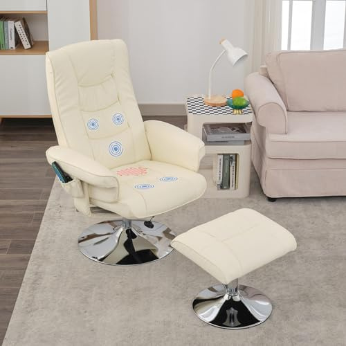 DEKKETO Relaxsessel Mit Hocker, Fernsehsessel Mit Liegefunktion, 360° Drehsessel Tv Sessel FüR Wohnzimmer, Relaxsessel Drehbar Modern Mit Seitentasche, Beige