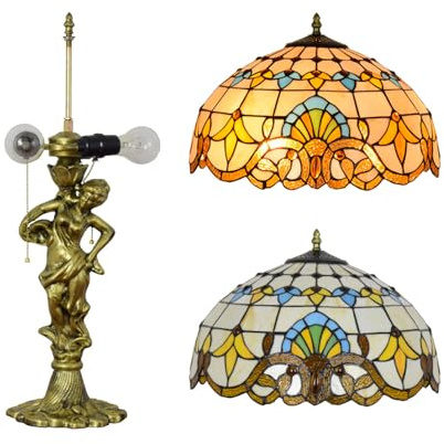 Lámpara de mesa Tiffany de vitral, 40,6 cm, 3 luces, estilo barroco, lámpara de noche de vitral, lámpara de escritorio Tiffany vintage de arte antiguo para dormitorio y sala de estar, base de sirena.