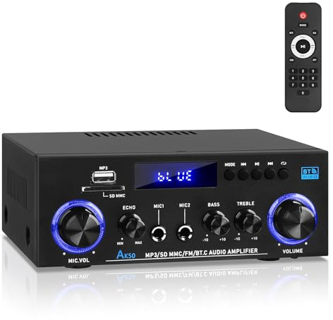 AK50 Bluetooth Amplifiers RMS 60WX2 Home Audio Stereo Amp Receivers 2.0 Channel Max 400W Output Mini Power Amplifier Speaker Amps w/FM Radio, Echo, MIC, USB, SD Input for Home,Car