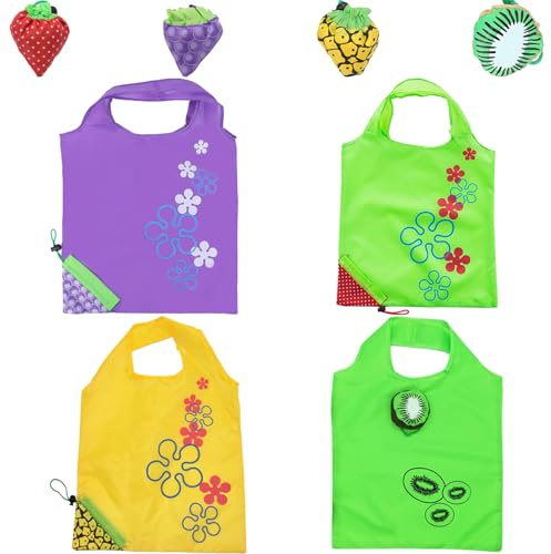 ZenyTra 4 Stück Faltbare Obst Einkaufstaschen Set - Erdbeere, Traube, Ananas, Kiwi Motiv - Wiederverwendbare & Umweltfreundliche Tragetaschen für Lebensmittel, Supermarkt, Strand