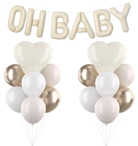 DazzJoy Oh Baby Luftballon, 16 Zoll OH BABY Buchstaben Ballons Cremeweiß, Babyparty Deko Folienballon, Oh Baby Ballon mit Herz Luftballons, Oh Baby Ballons für Babyshowerparty Deko Junge Mädchen