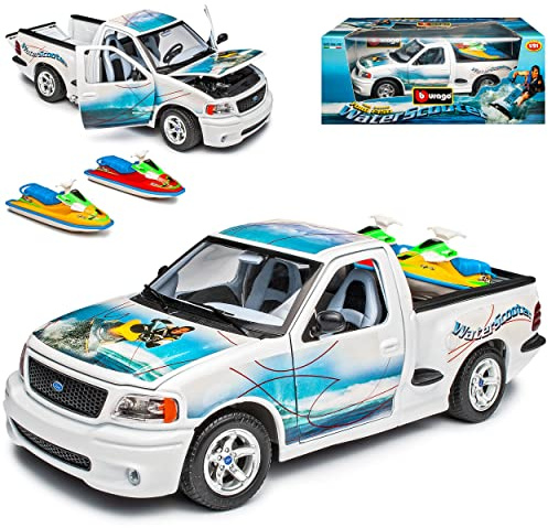 F*o*r*d F*150 Lightning Pick-Up Pritsche Weiss mit Jet Ski 10. Generation 1996-2004 1/21 1/18 Burago Modell Auto