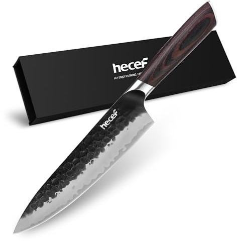 hecef cuchillo japones profesional 20 cm, hoja martillada de acero inoxidable de alto contenido en carbono 3 capas, mango ergonómico de madera Pakkawood, cuchillo de chef afilado con caja de regalo