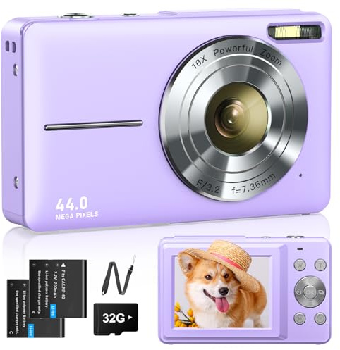 Digitalkamera 1080P Fotokamera 44MP Fotoapparat 16X Digitalzoom mit 32GB Karte 2 Akkus Digitalkamera für Kinder Student Jugendliche Anfänger Lila