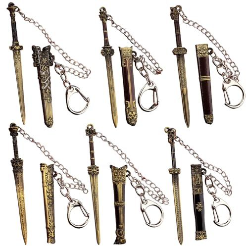 6 Stück Mini-Schwert, 8, 9 cm, exquisiter, detaillierter Metall-Schwert-Schlüsselanhänger mit Scheide, Schlüsselanhänger für Handtasche, Tasche, Männer und Frauen