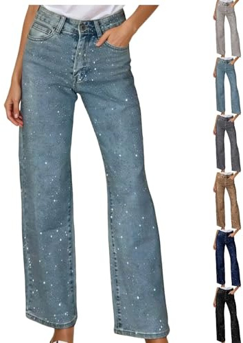 Pantalones vaqueros brillantes para mujer con brillantes de lentejuelas, pantalones vaqueros holgados de pierna recta, pantalones vaqueros festivos brillantes para fiestas, pantalones casuales