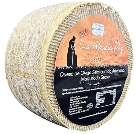 Queso de Oveja Semicurado Artesano Madurado Graso Abuela Paz Pieza de 3 kg | Artesano español de Toledo, textura firme y cremosa. Ideal para tabla, maridaje con vino tinto, membrillo y regalo gourmet