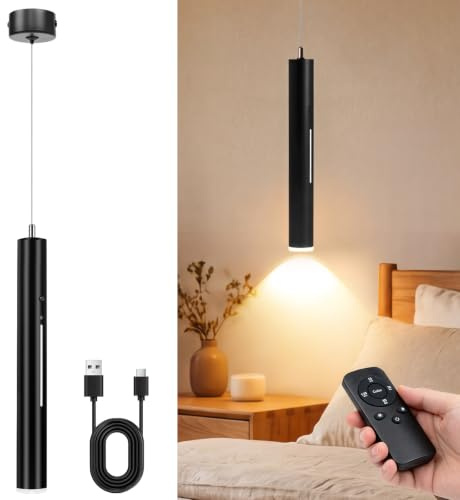 Aukimo Pendelleuchte Akku, Hängelampe mit Batterie 5000 mAh, Stufenlos Dimmbar, 2700K-6000K/3 Farben, Hängeleuchte mit Fernbedienung, Timer, Hängelampe ohne Strom für Küche, Schlafzimmer, Wohnzimmer