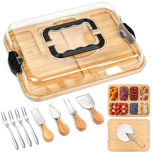 FTISSLY Tabla de Quesos y Embutidos Madera con Tapa Hermetica 38,5x29cm Plato Picoteo Embutidos Tabla Bambú Aperitivos Grande Rectangular con 6 Compartimentos 8 Cubiertos con Asa para Desayuno Picnic