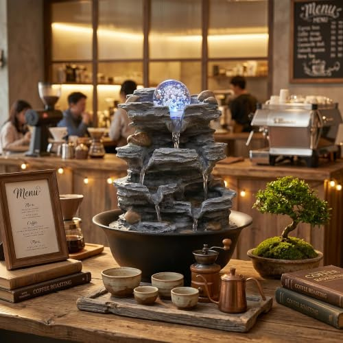 GYMAX Zimmerbrunnen, Tischbrunnen mit drehender Kristallkugel & bunter LED-Beleuchtung, Kleiner Zen Springbrunnen, Dekoratives Wasserspiel, 21,5 x 21,5 x 26 cm (Stil 1 + mit Kristallkugel)