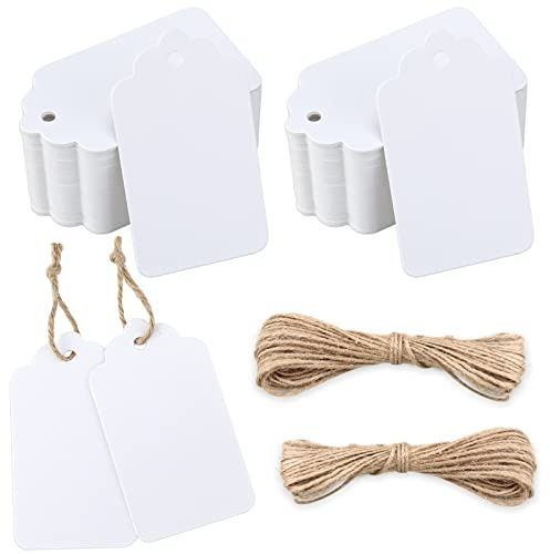 jijAcraft 100 Stück Kraftpapier Anhänger, Geschenkanhänger Etiketten 7x4 CM Anhängeetiketten mit Juteschnur, Weiß Kraftpapier Etiketten Tags für Basteln, Geschenkverpackung, Hochzeit