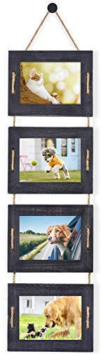 DLQuarts 5x7 Hanging Picture Frames Collage Wall Decor, 4-Opening, 3.5x5 With Mat or 5x7 Without Mat, Rustic Solid Wood Multi Picture Frames for Family, 1 Pack, Weathered Black