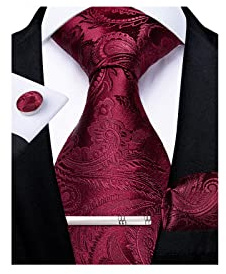 DiBanGu Män slips silke paisley blommig slips och ficka fyrkantiga manschettknappar slipsklämma set klassiska formella slipsar för bröllopsfest, röd2, 150