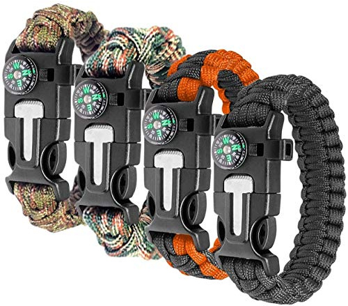 Ember Rock Pulsera Paracord Supervivencia paquete de 4 Pulsera con Iniciador Fuego Camping Herramienta Brújula Senderismo Silbar Canotaje