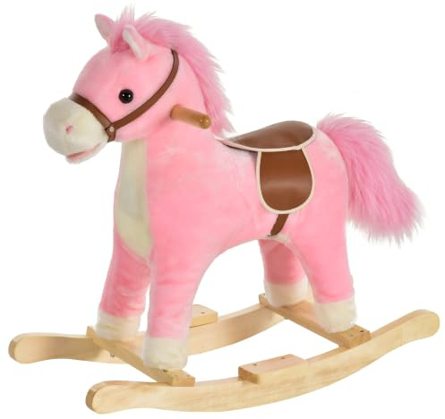 HOMCOM Cheval à Bascule Selle Grand Confort 65L x 32,5l x 61H cm Rose | Peluche Courte Douce, Bois Peuplier