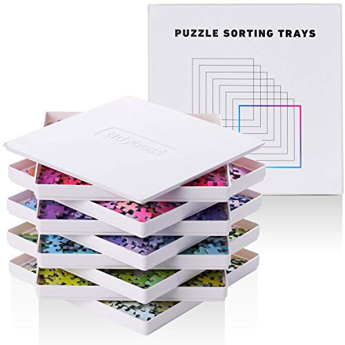 Tidyboss 8 pusselsorteringsbrickor med lock 25 cm x 25 cm – bärbart pussel tillbehör vit bakgrund gör att bitar sticker ut sorteringsmönster, former och färger | för pussel upp till 1 500-2 000 bitar