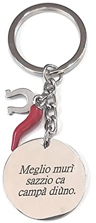 portachiavi uomo donna in acciaio personalizzato con scritta frase proverbio napoletano con corno portafortuna ferro di cavallo e quadrifoglio (meglio muri sazzio ca campà diùno.)