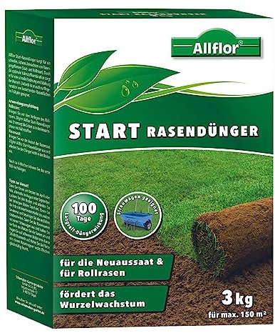 Allflor Start-Rasendünger 1 x 3 kg I Für die Neuaussaat & Rollrasen I Rasendünger streuwagenfähig in der Faltschachtel I Mit optimaler Nährstoffkombination für starke Wurzeln I Für ca. 150m²
