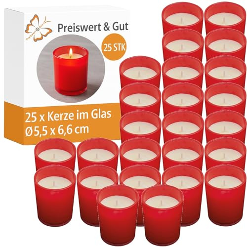 Preiswert&Gut Kerzen im Glas rot 25er Set mit langer Brenndauer für Tischdekoration Wohnraum und Feste dekorative Wachs Dekokerzen Durchmesser 5,5 cm Höhe 6,6 cm